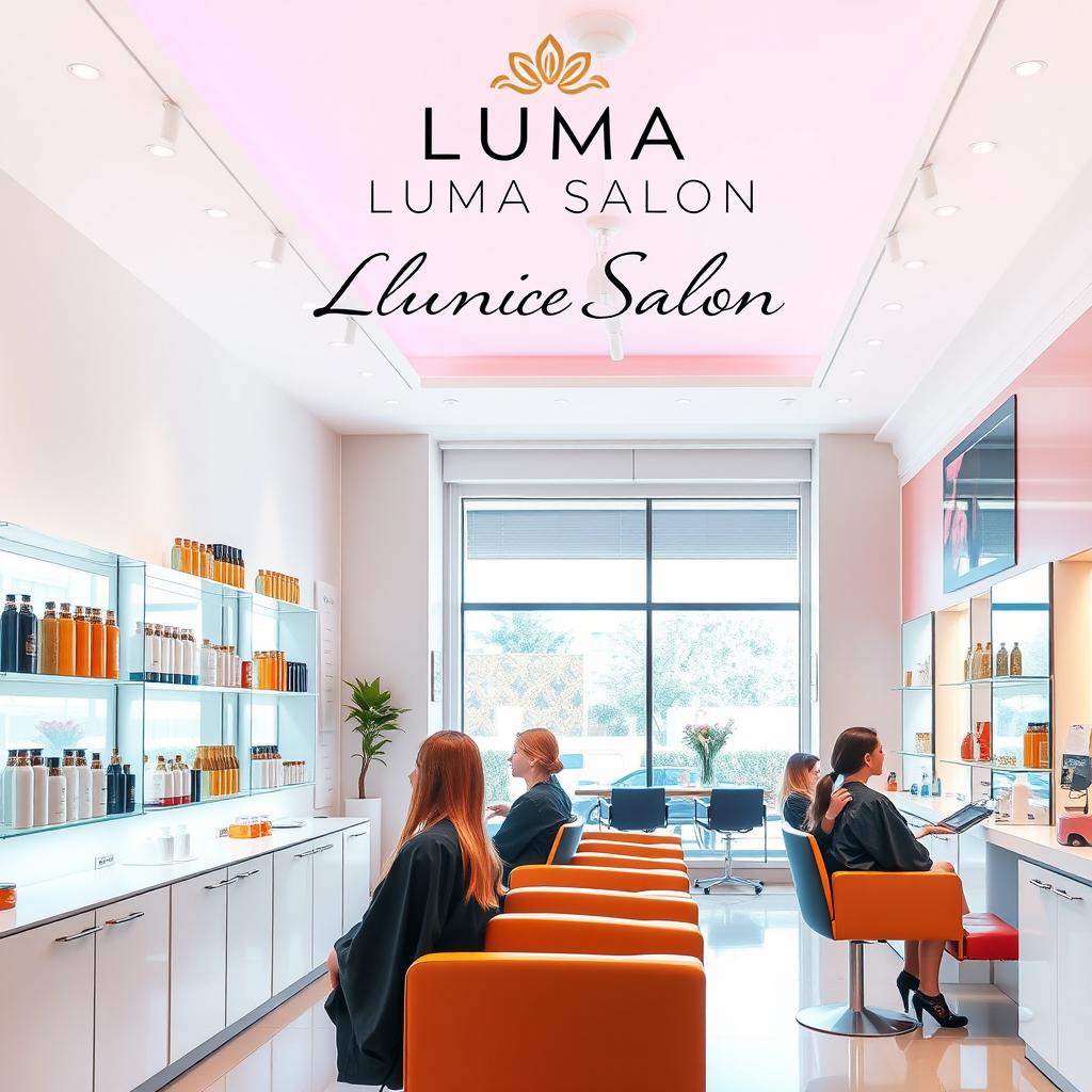An elegant and modern poster design for Luma Salon, featuring a chic interior scene showcasing stylists working on clients' hair