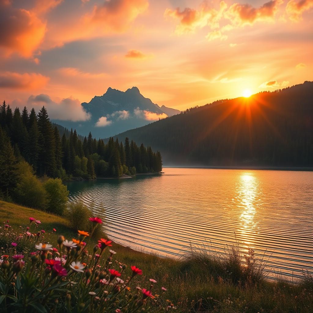 A stunning, ethereal landscape featuring a shimmering lake surrounded by lush, enchanted forests