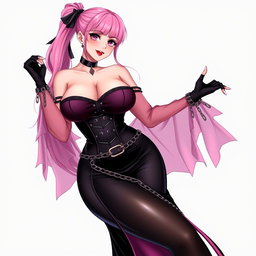An alluring illustration of a sexy gothic anime villain dominatrix girl, featuring a subtle smile and a soft blush on her cheeks
