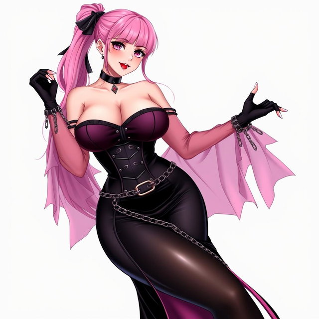 An alluring illustration of a sexy gothic anime villain dominatrix girl, featuring a subtle smile and a soft blush on her cheeks