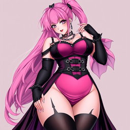 An alluring illustration of a sexy gothic anime villain dominatrix girl, featuring a subtle smile and a soft blush on her cheeks
