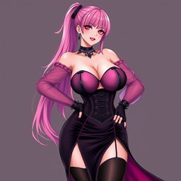 An alluring illustration of a sexy gothic anime villain dominatrix girl, featuring a subtle smile and a soft blush on her cheeks