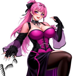 An alluring illustration of a sexy gothic anime villain dominatrix girl, featuring a subtle smile and a soft blush on her cheeks