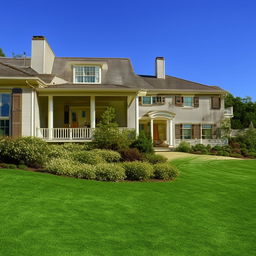 An picturesque representation of a cozy and comfortable home with a well-maintained lawn in the foreground and a clear, blue sky above.