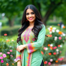 A beautiful Pakistani woman in traditional attire, wearing a vibrant kameez and form-fitting tights