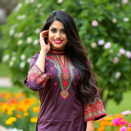 A beautiful Pakistani woman in traditional attire, wearing a vibrant kameez and form-fitting tights