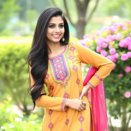 A beautiful Pakistani woman in traditional attire, wearing a vibrant kameez and form-fitting tights