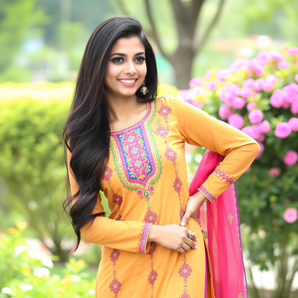 A beautiful Pakistani woman in traditional attire, wearing a vibrant kameez and form-fitting tights