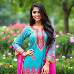 A beautiful Pakistani woman in traditional attire, wearing a vibrant kameez and form-fitting tights