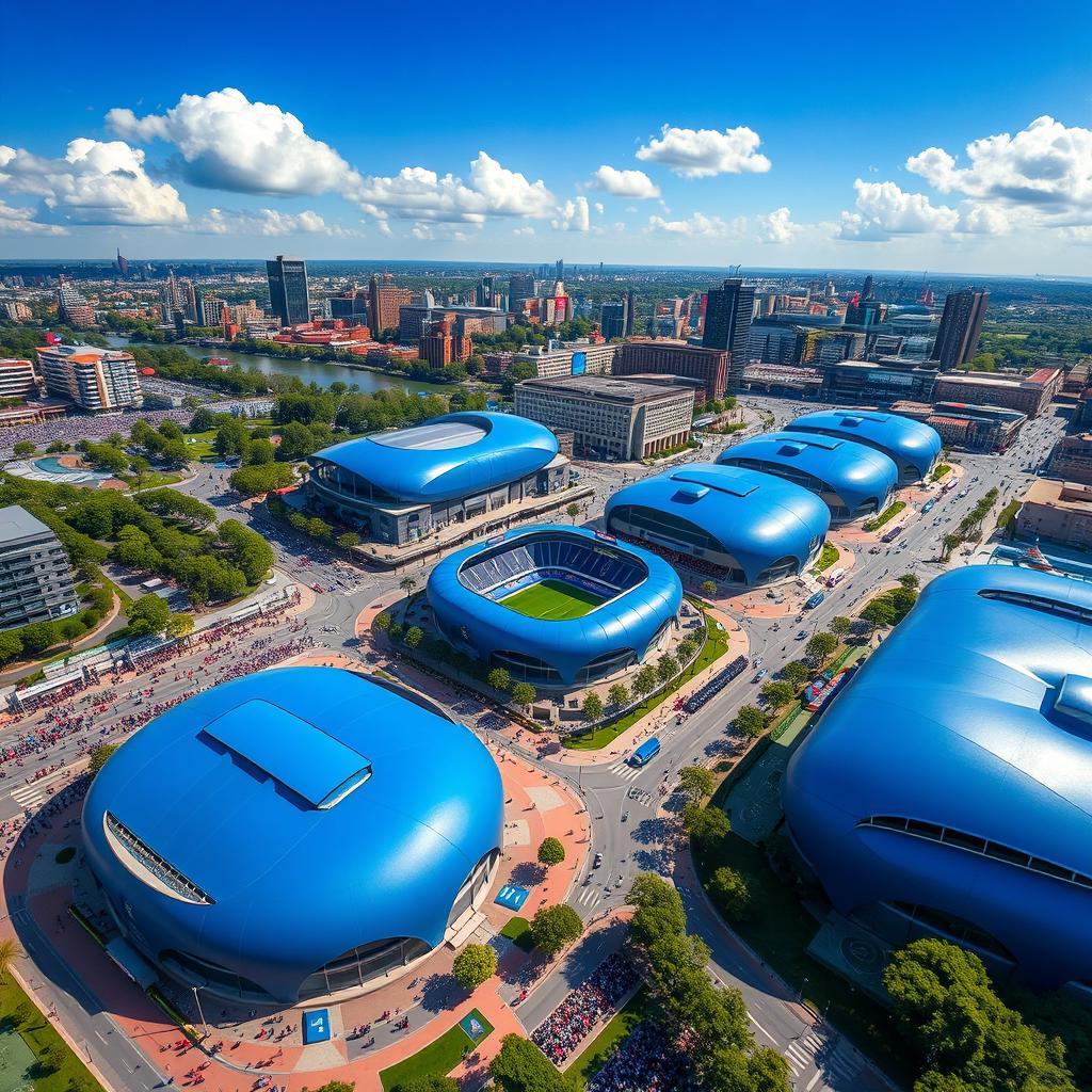 A vibrant aerial view of multiple blue stadiums located in a lively urban environment