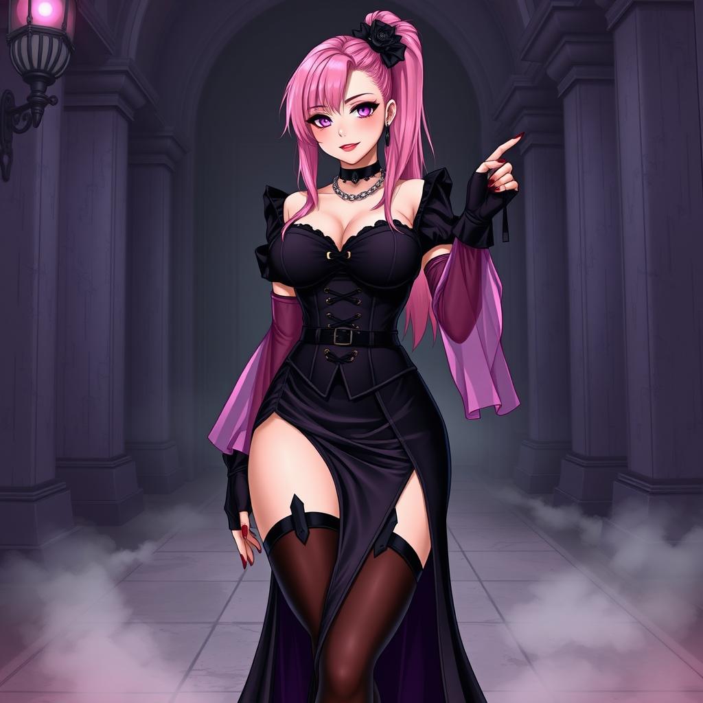 A mesmerizing illustration of a sexy gothic anime villain dominatrix girl, featuring a subtle smile complemented by a gentle blush on her cheeks