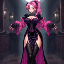 A mesmerizing illustration of a sexy gothic anime villain dominatrix girl, featuring a subtle smile complemented by a gentle blush on her cheeks