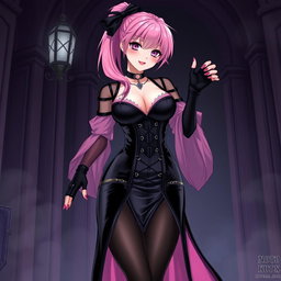 A mesmerizing illustration of a sexy gothic anime villain dominatrix girl, featuring a subtle smile complemented by a gentle blush on her cheeks
