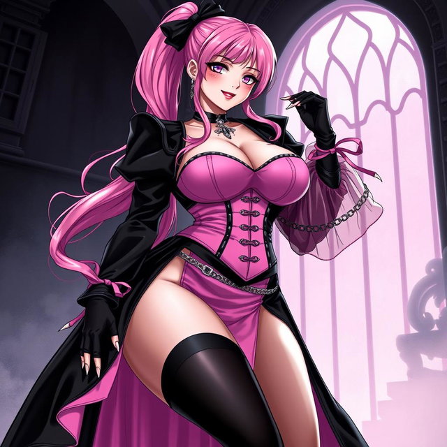 A mesmerizing illustration of a sexy gothic anime villain dominatrix girl, featuring a subtle smile complemented by a gentle blush on her cheeks
