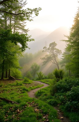 A serene landscape featuring a misty forest at dawn, with soft rays of sunlight filtering through the tree branches