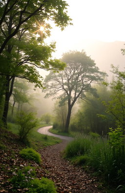 A serene landscape featuring a misty forest at dawn, with soft rays of sunlight filtering through the tree branches