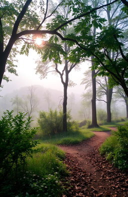 A serene landscape featuring a misty forest at dawn, with soft rays of sunlight filtering through the tree branches