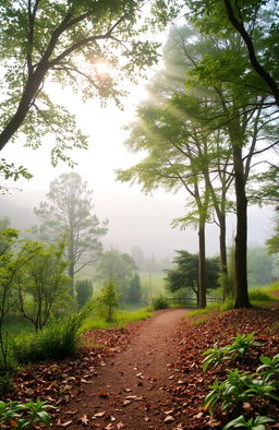 A serene landscape featuring a misty forest at dawn, with soft rays of sunlight filtering through the tree branches