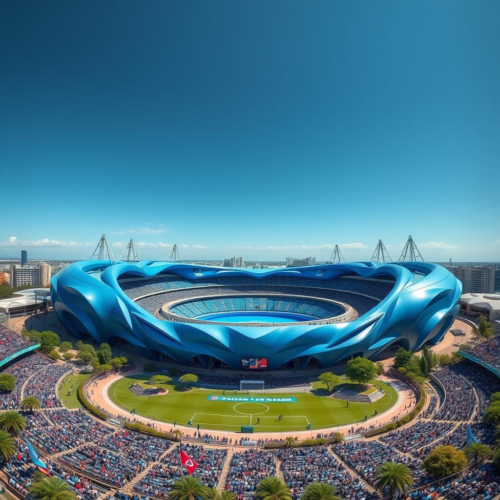 a stunning aerial view of futuristic blue stadiums under a clear blue sky, showcasing a mix of modern architectural designs with fluid shapes and vibrant lights, surrounded by lush greenery and crowds of excited fans dressed in blue attire, creating a festive atmosphere, with banners and flags waving in the breeze