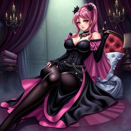 A captivating illustration of a sexy gothic anime villain dominatrix girl, featuring a subtle smile with a hint of blush