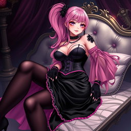 A captivating illustration of a sexy gothic anime villain dominatrix girl, featuring a subtle smile with a hint of blush