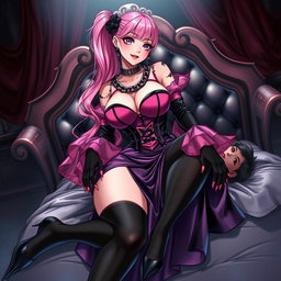 A captivating illustration of a sexy gothic anime villain dominatrix girl, featuring a subtle smile with a hint of blush