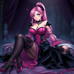 A captivating illustration of a sexy gothic anime villain dominatrix girl, featuring a subtle smile with a hint of blush