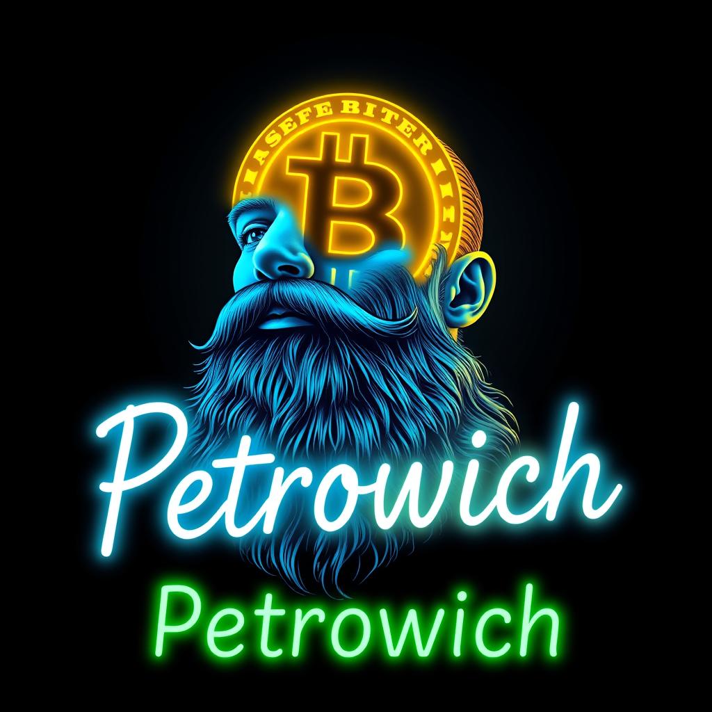 A bearded man with an intricate beard design, featuring a surreal concept of a Bitcoin symbol embedded in his head, symbolizing wealth and technology