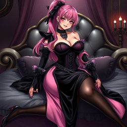 A stunning illustration of a sexy gothic anime villain dominatrix girl, featuring a subtle smile with a rosy blush on her cheeks