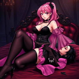A stunning illustration of a sexy gothic anime villain dominatrix girl, featuring a subtle smile with a rosy blush on her cheeks