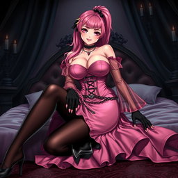 A stunning illustration of a sexy gothic anime villain dominatrix girl, featuring a subtle smile with a rosy blush on her cheeks