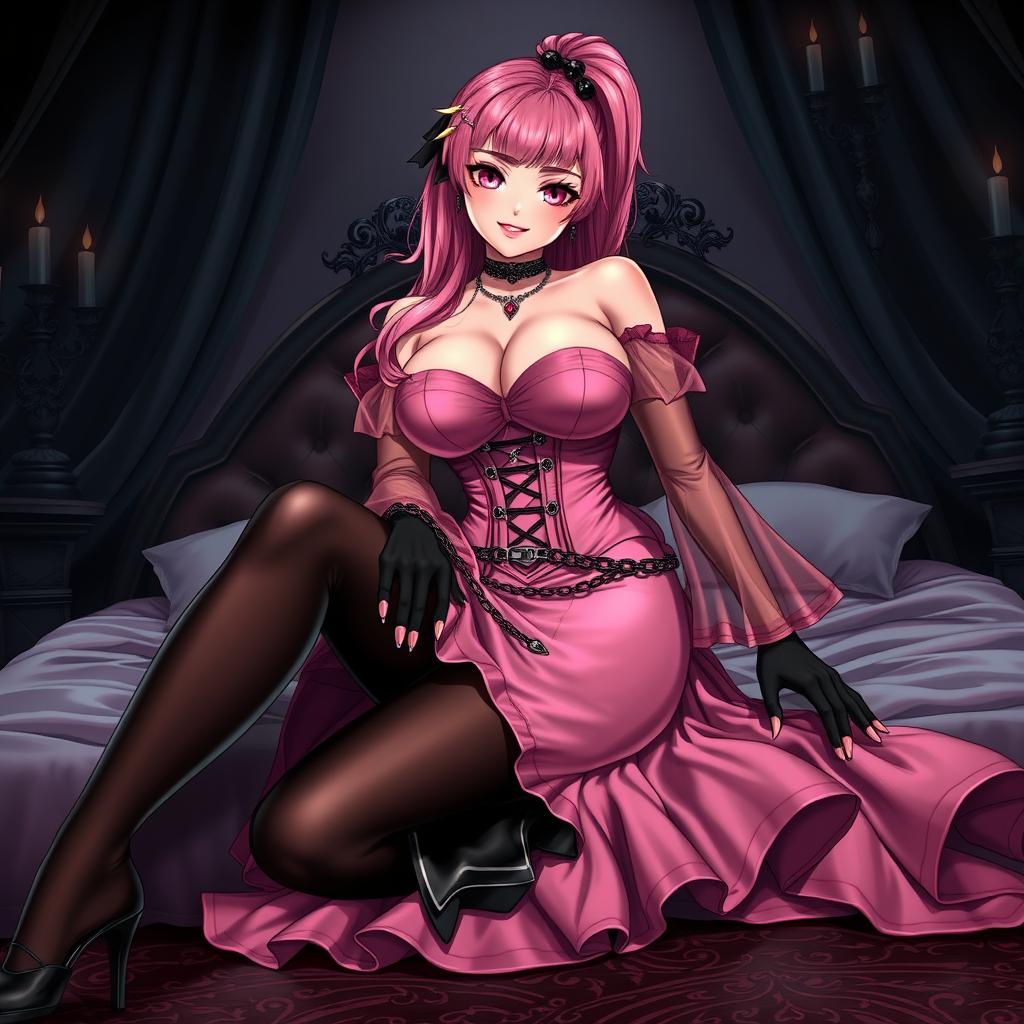 A stunning illustration of a sexy gothic anime villain dominatrix girl, featuring a subtle smile with a rosy blush on her cheeks