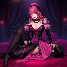 A stunning illustration of a sexy gothic anime villain dominatrix girl, featuring a subtle smile with a rosy blush on her cheeks