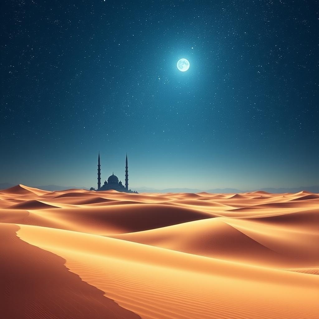 A beautiful, serene landscape that symbolizes knowledge and wisdom, featuring a vast desert under a starry night sky, with subtle hints of spirituality