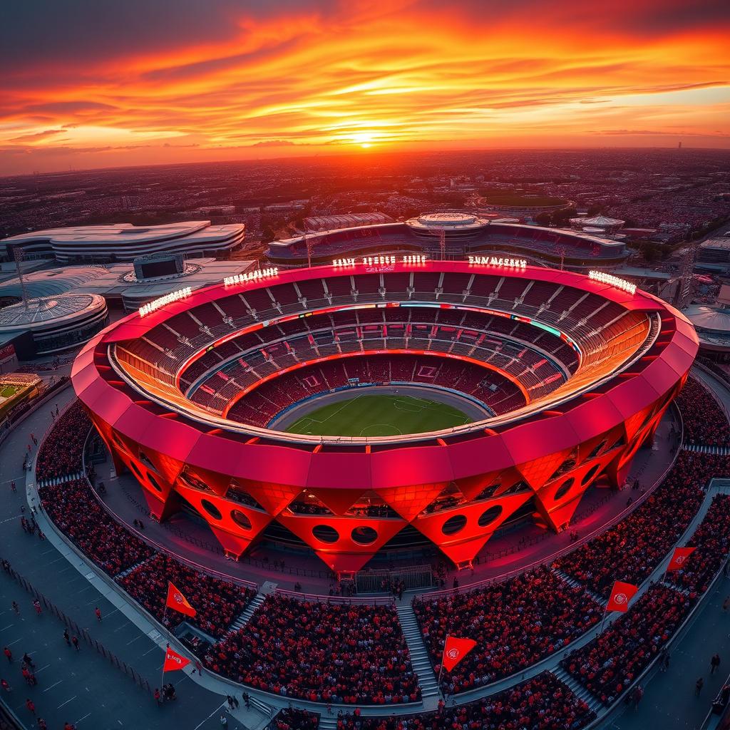 a breathtaking aerial view of modern red stadiums during a vibrant sunset, highlighting innovative architectural designs with sweeping curves and bright lights, surrounded by cheering fans wearing red jerseys, colorful banners and flags fluttering in the wind, creating a lively and energetic atmosphere