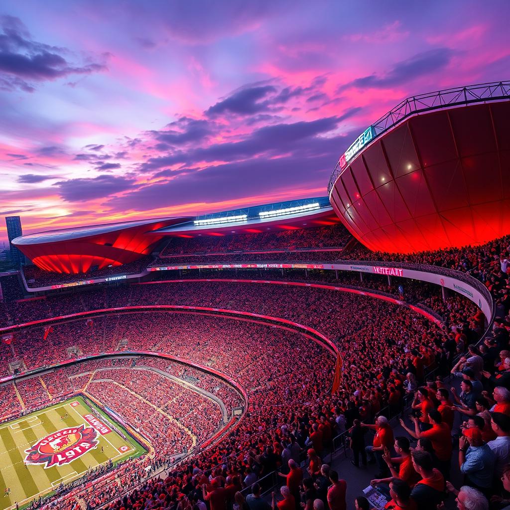 a vibrant aerial view of spectacular red stadiums during a lively sporting event, showcasing innovative architectural designs with striking red facades, illuminated by dynamic lighting that enhances the excitement of the crowd