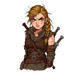 A gruff female criminal, depicted in a Dungeons and Dragons style illustration, showcasing her tough demeanor and rugged appearance