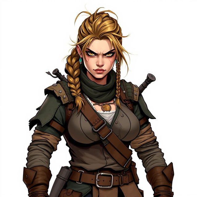 A gruff female criminal, depicted in a Dungeons and Dragons style illustration, showcasing her tough demeanor and rugged appearance
