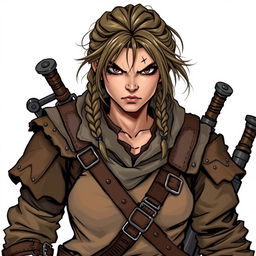 A gruff female criminal, depicted in a Dungeons and Dragons style illustration, showcasing her tough demeanor and rugged appearance