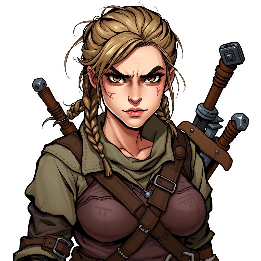 A gruff female criminal, depicted in a Dungeons and Dragons style illustration, showcasing her tough demeanor and rugged appearance