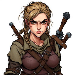 A gruff female criminal, depicted in a Dungeons and Dragons style illustration, showcasing her tough demeanor and rugged appearance