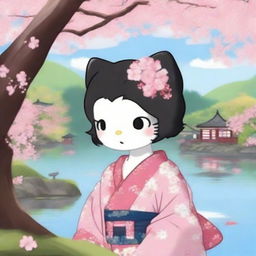 A high-quality digital art depiction of a charming, dark-haired Hello Kitty, adorned in a cherry blossom kimono