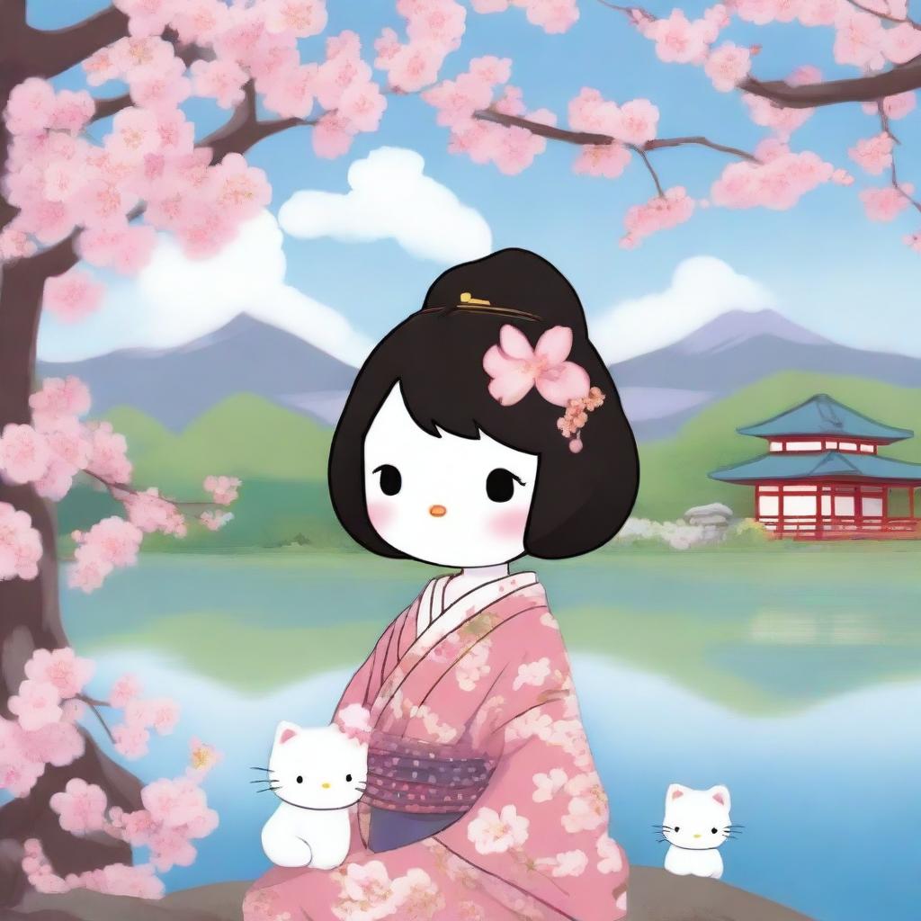 A high-quality digital art depiction of a charming, dark-haired Hello Kitty, adorned in a cherry blossom kimono