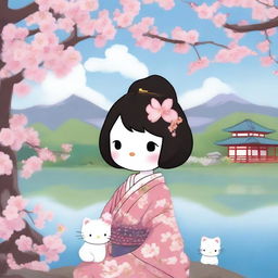 A high-quality digital art depiction of a charming, dark-haired Hello Kitty, adorned in a cherry blossom kimono