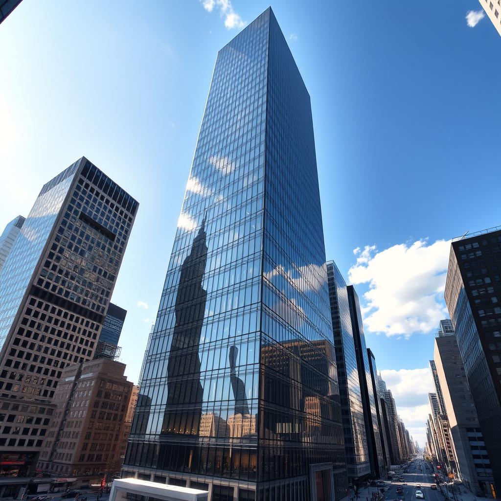 a majestic skyscraper soaring above the city skyline, featuring sleek glass and steel architecture with intricate details, reflecting the sunlight and surrounding buildings, set against a clear blue sky and bustling urban environment, capturing the essence of modernity and innovation