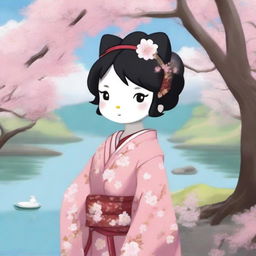 A high-quality digital art depiction of a charming, dark-haired Hello Kitty, adorned in a cherry blossom kimono