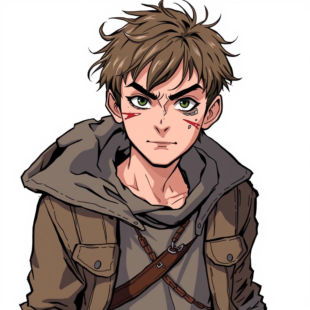 A young male criminal, depicted in a Dungeons and Dragons style illustration, showing signs of being a little roughed up