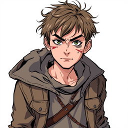 A young male criminal, depicted in a Dungeons and Dragons style illustration, showing signs of being a little roughed up