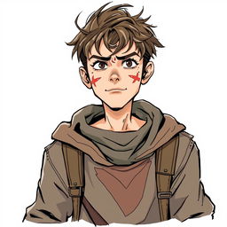 A young male criminal, depicted in a Dungeons and Dragons style illustration, showing signs of being a little roughed up