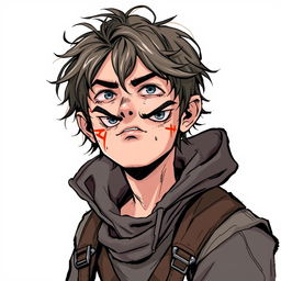 A young male criminal, depicted in a Dungeons and Dragons style illustration, showing signs of being a little roughed up